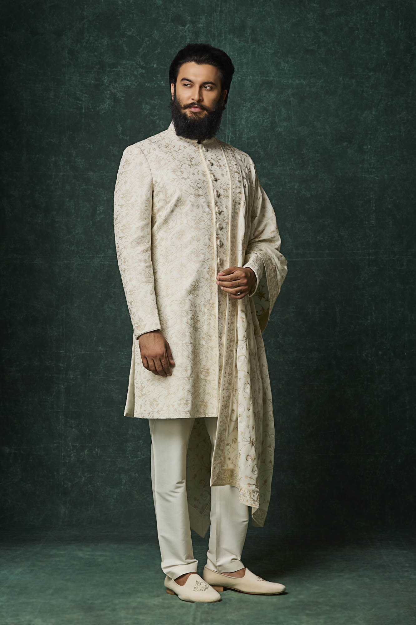 Pearl colour sherwani set with dupatta