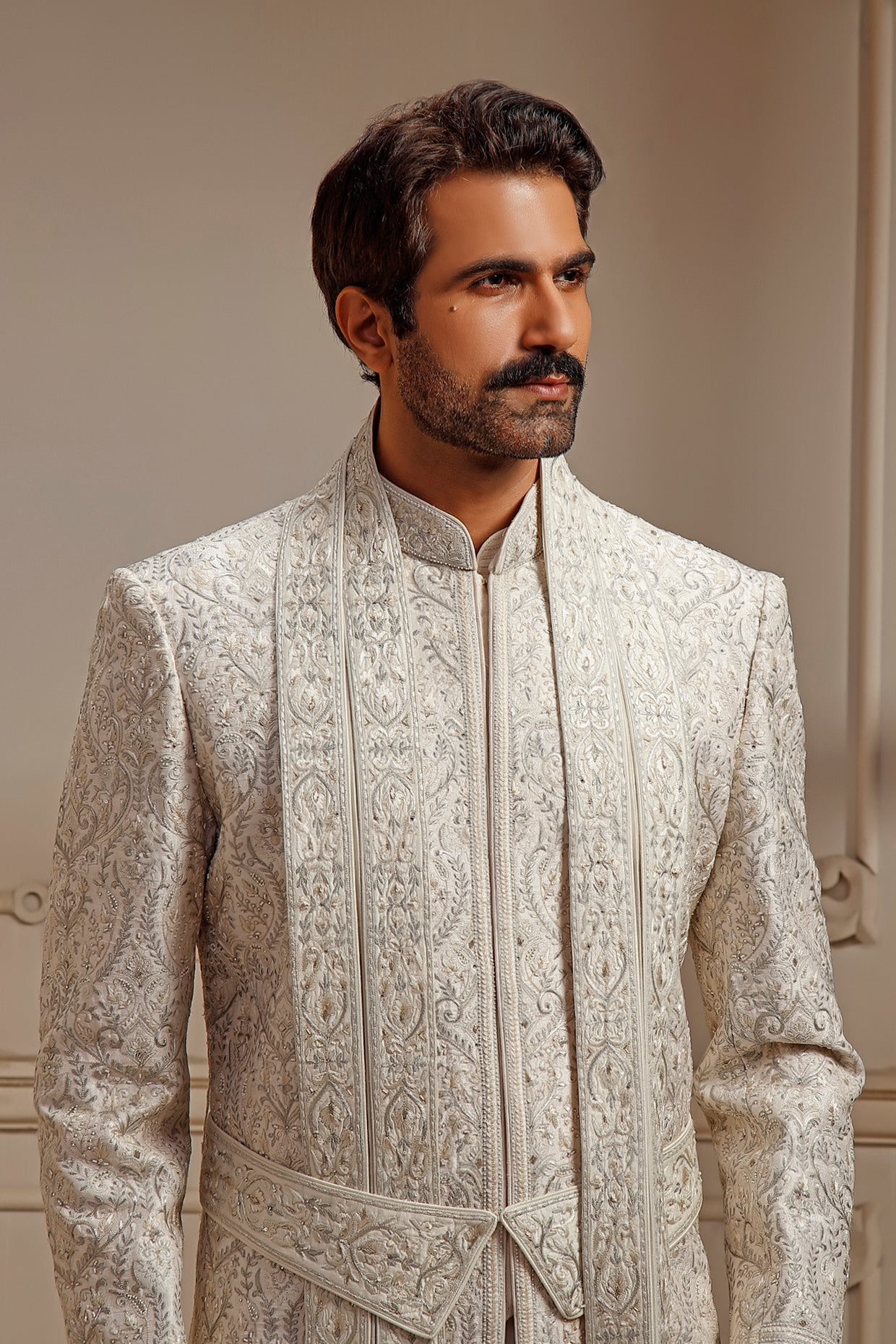 Pearl Raw Silk Sherwani Set