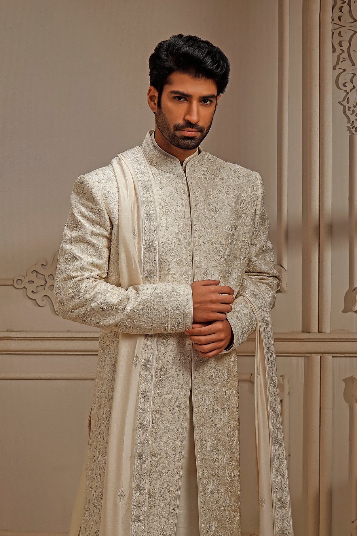 Pearl Raw Silk Sherwani Set