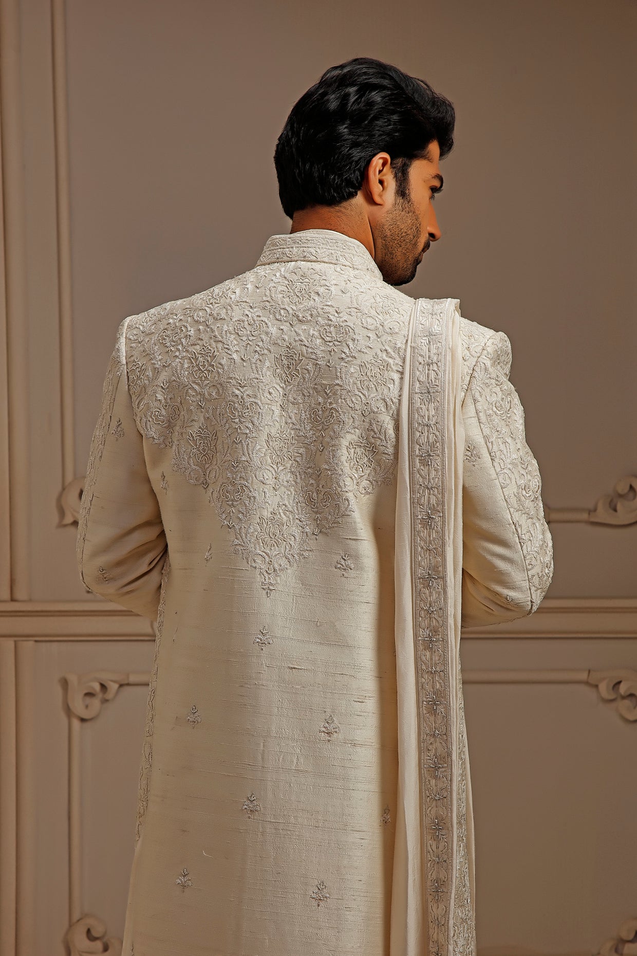 Pearl Raw Silk Sherwani Set