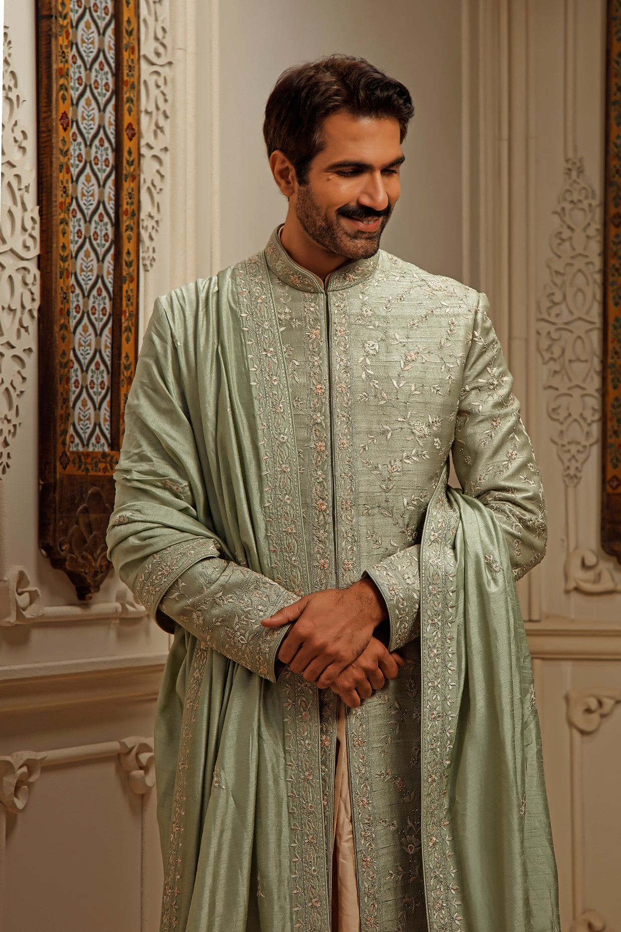 Raw Silk Sherwani Set With Resham & Pearl Embroidery