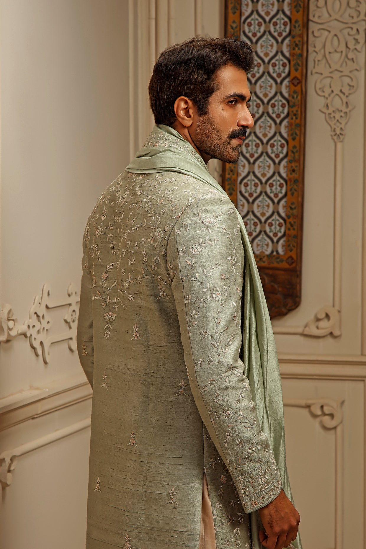 Raw Silk Sherwani Set With Resham & Pearl Embroidery