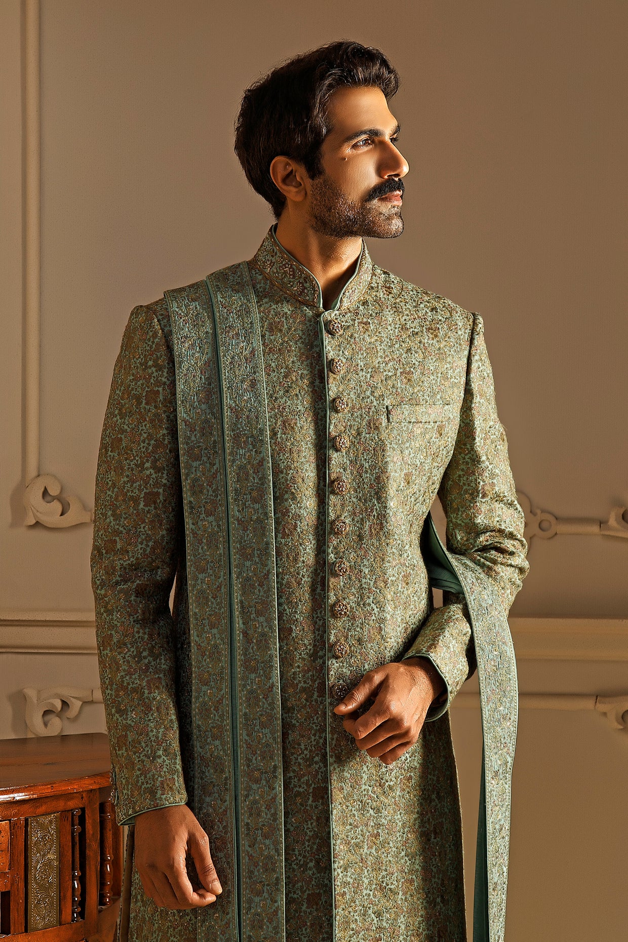 Mint Tussar Silk Floral Embroidered Sherwani Set