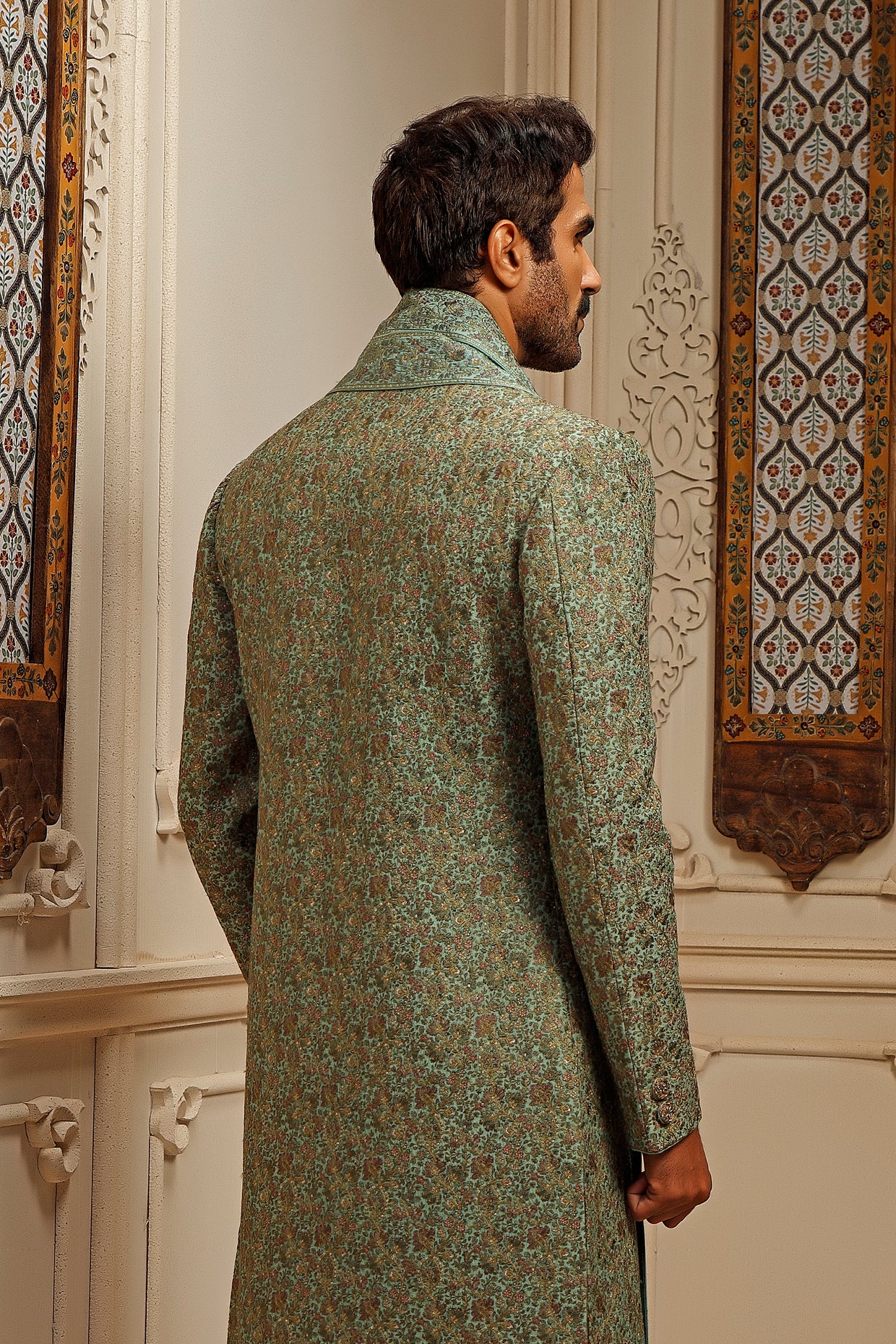 Mint Tussar Silk Floral Embroidered Sherwani Set