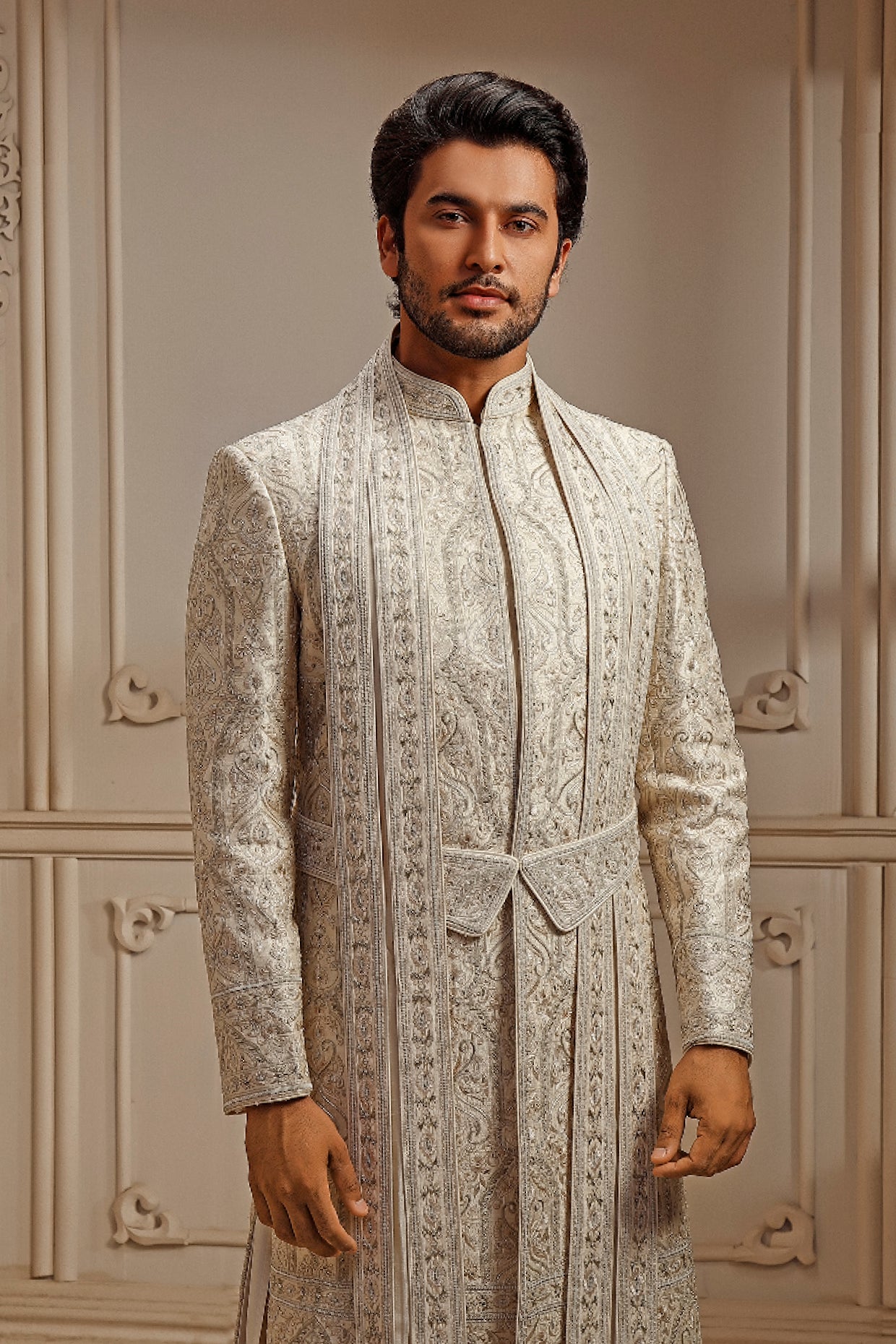 Pearl Raw Silk Resham Embroidered Sherwani Set
