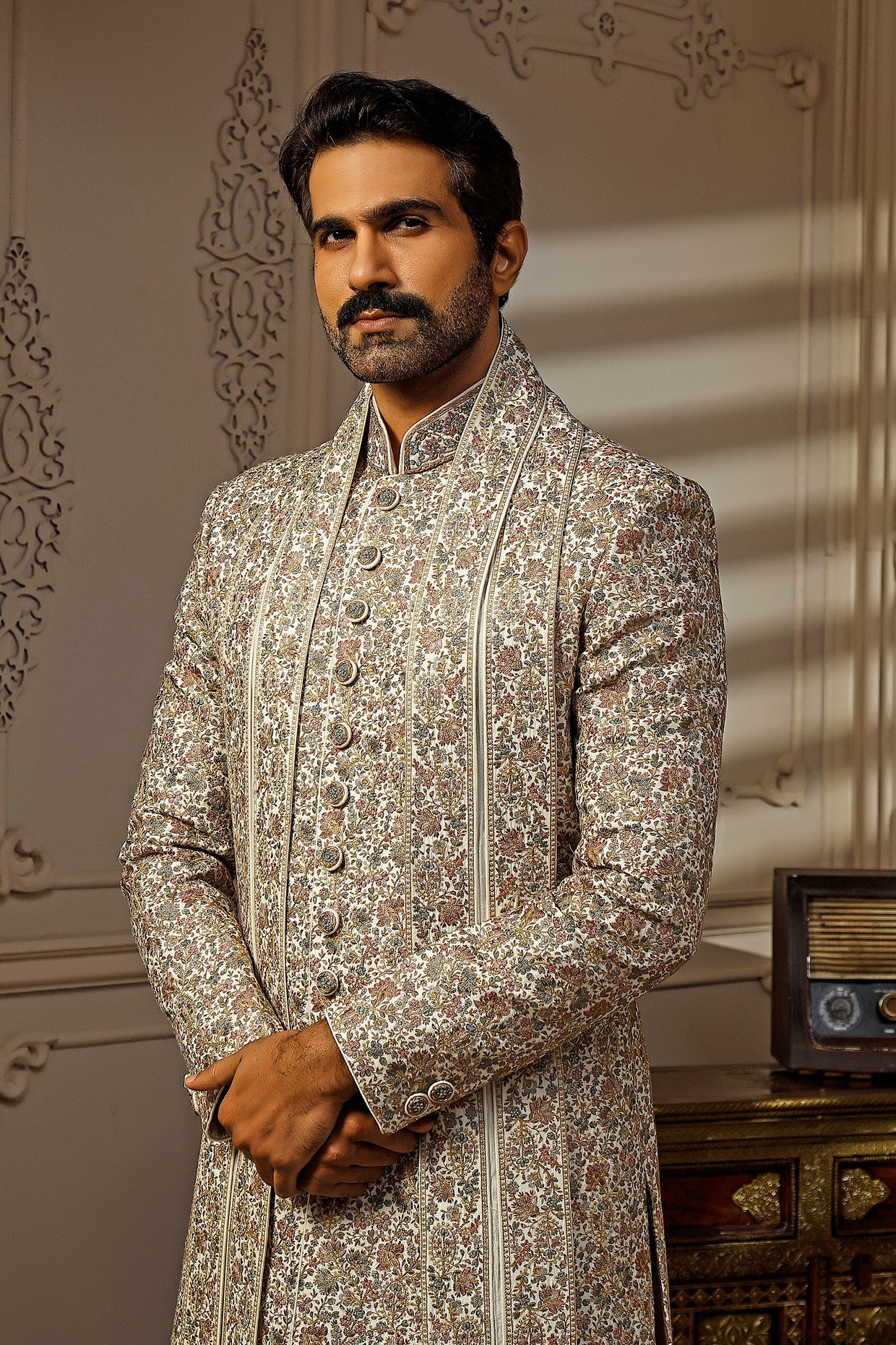 Ivory Tussar Silk Floral Embroidered Sherwani Set