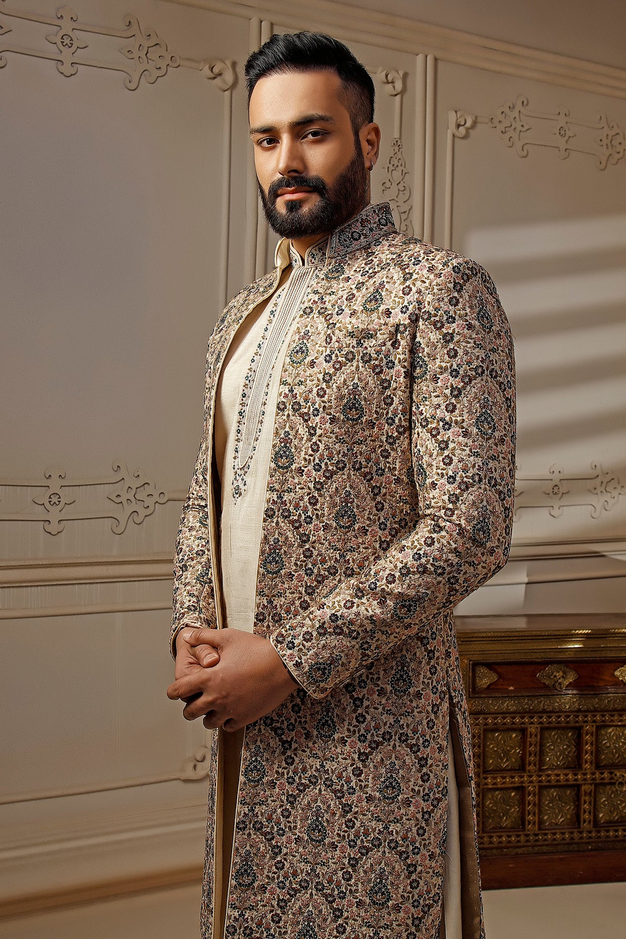Light Beige Tussar Silk Floral Embroidered Sherwani Set