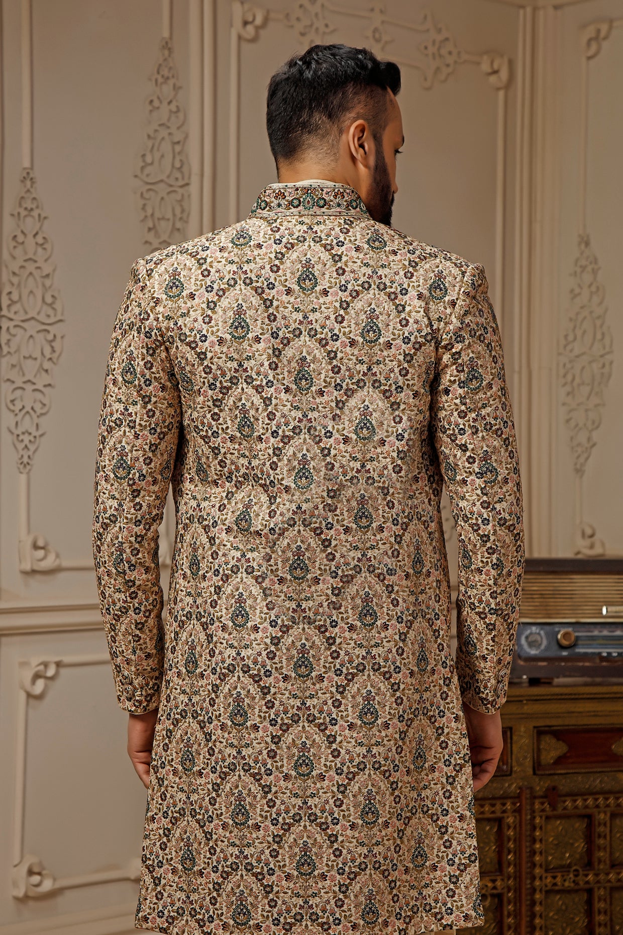 Light Beige Tussar Silk Floral Embroidered Sherwani Set