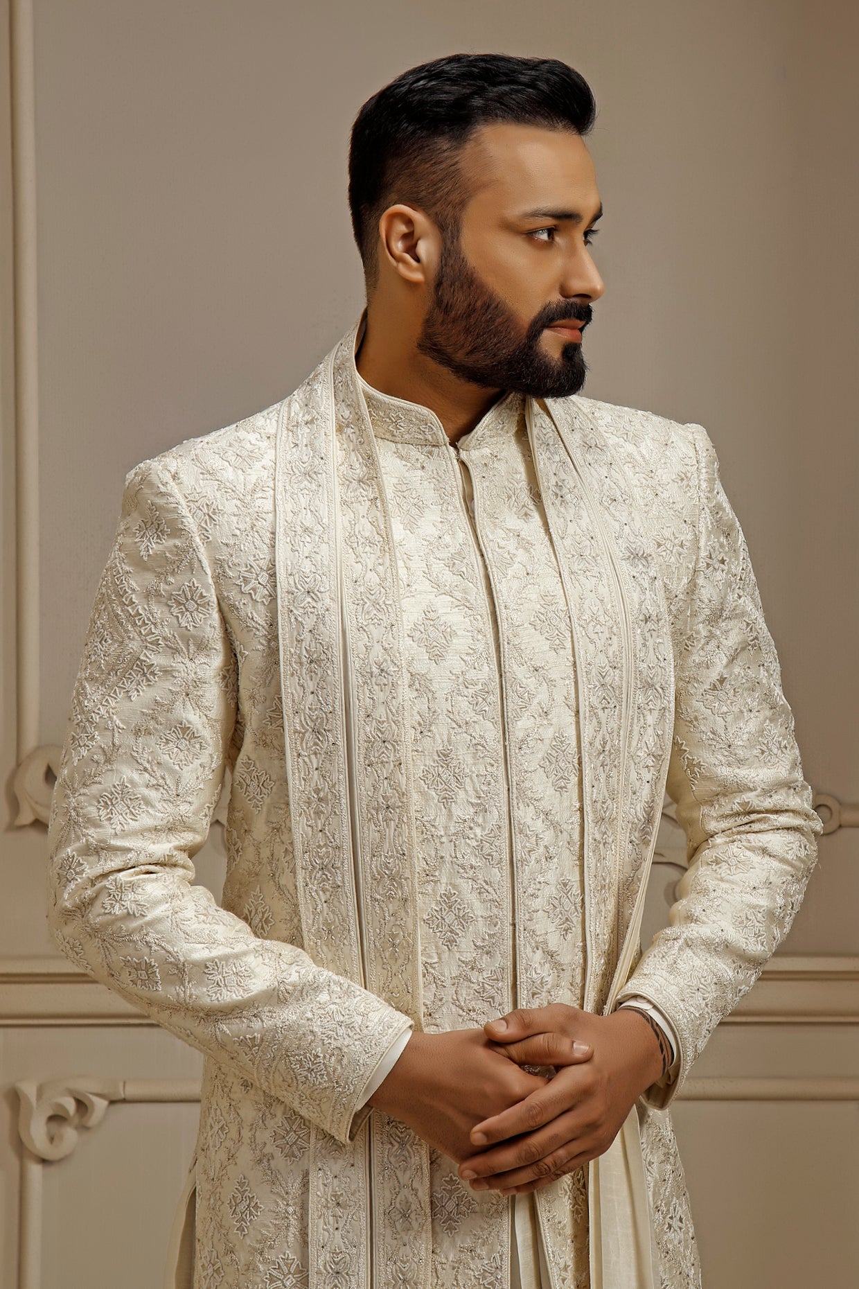 Pearl Raw Silk Resham Embroidered Sherwani Set