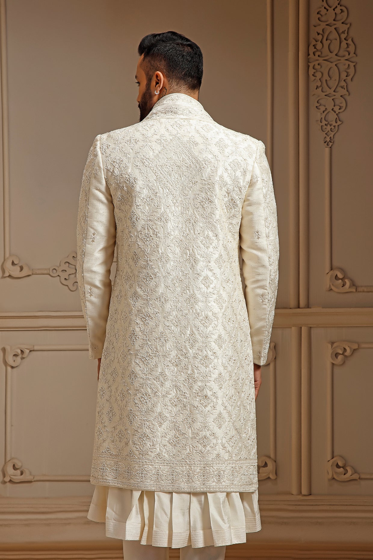 Pearl Raw Silk Resham Embroidered Sherwani Set