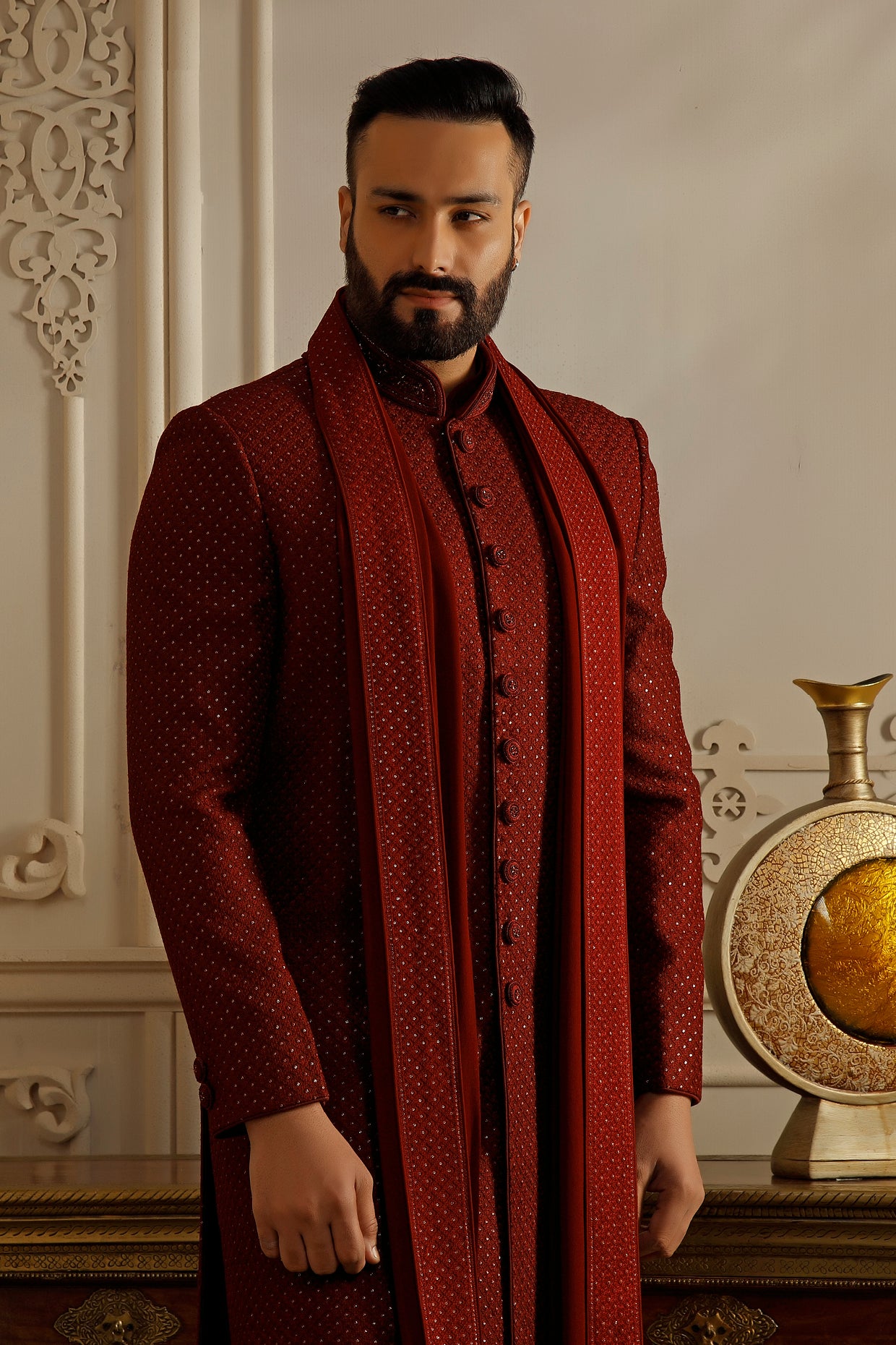 Maroon Soft Silk Resham Embroidered Sherwani Set