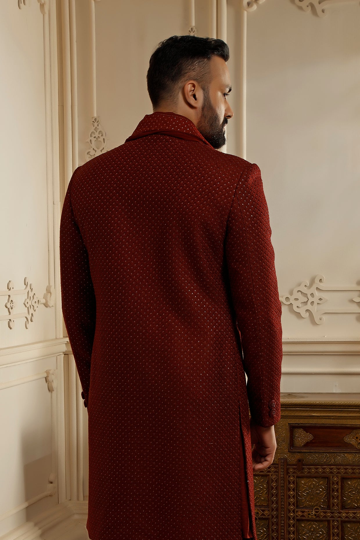 Maroon Soft Silk Resham Embroidered Sherwani Set