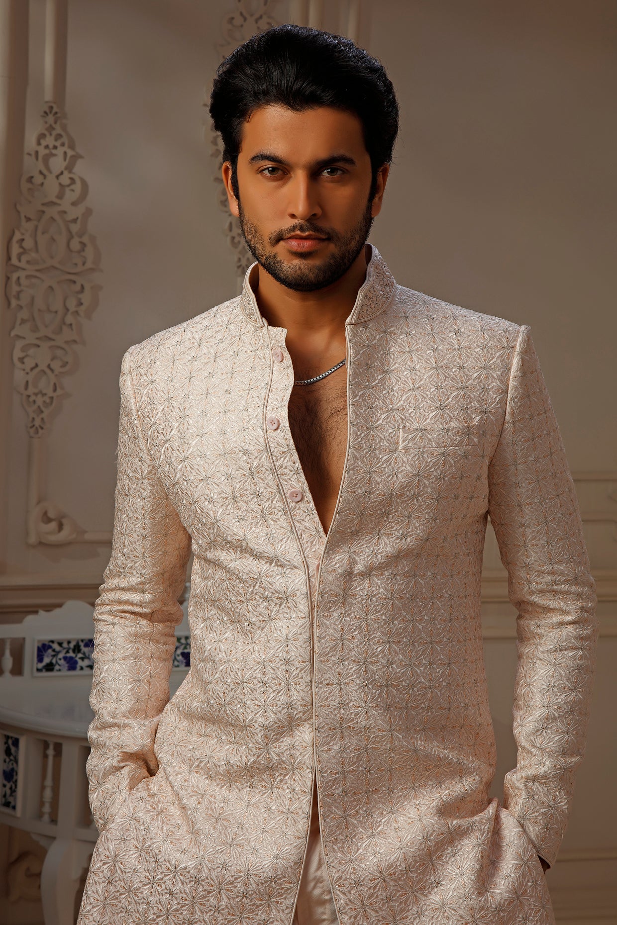 Blush Pink Dupion Silk Digital Embroidered Sherwani Set