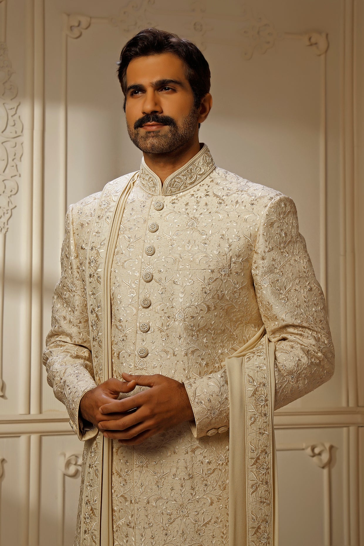 Beige Dupion Silk Digital Embroidered Sherwani Set