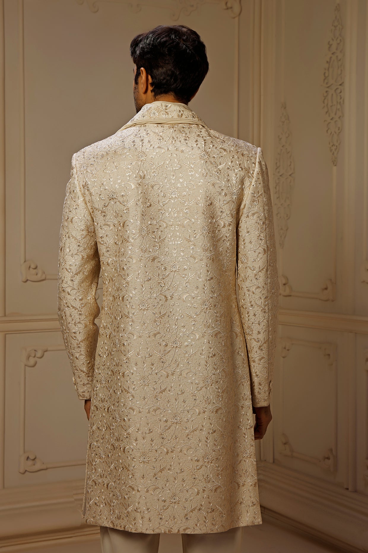 Beige Dupion Silk Digital Embroidered Sherwani Set