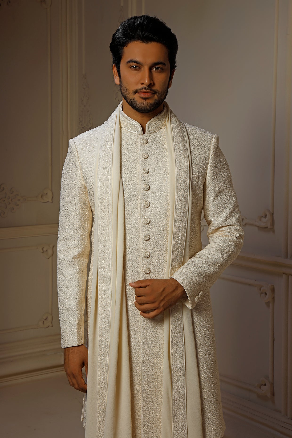 Pearl Dupion Silk Sequins Embroidered Sherwani Set