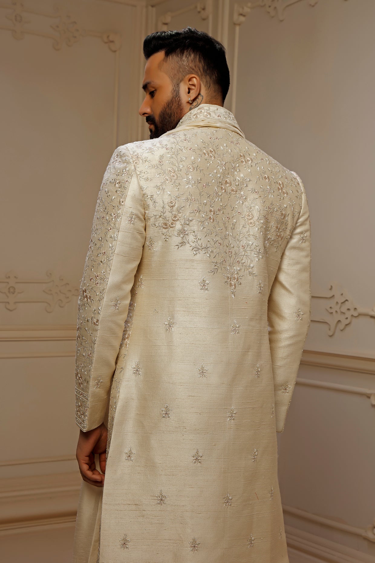 Pearl Dupion Silk Floral Embroidered Sherwani Set