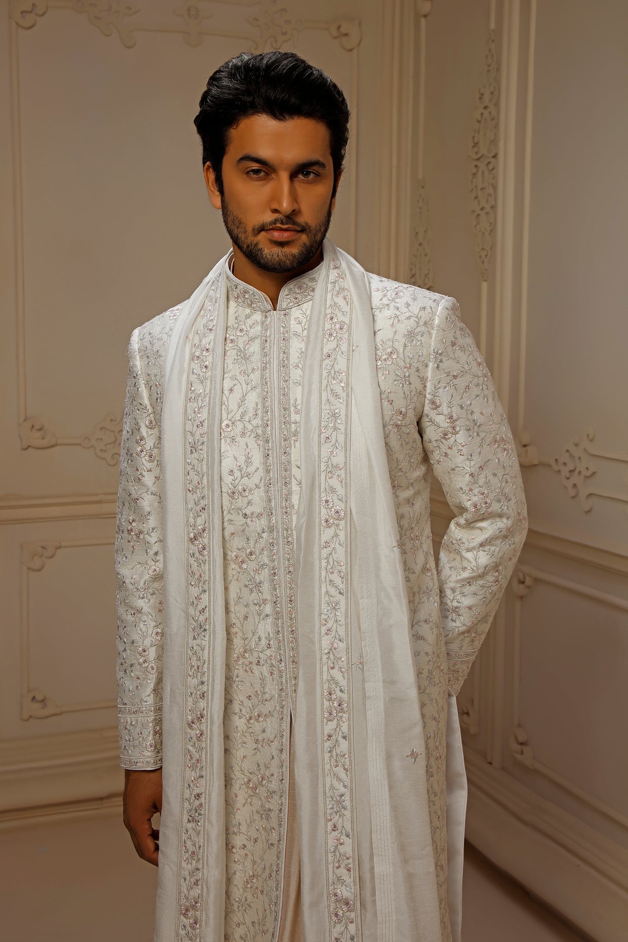 Ivory Dupion Silk Floral Embroidered Sherwani Set