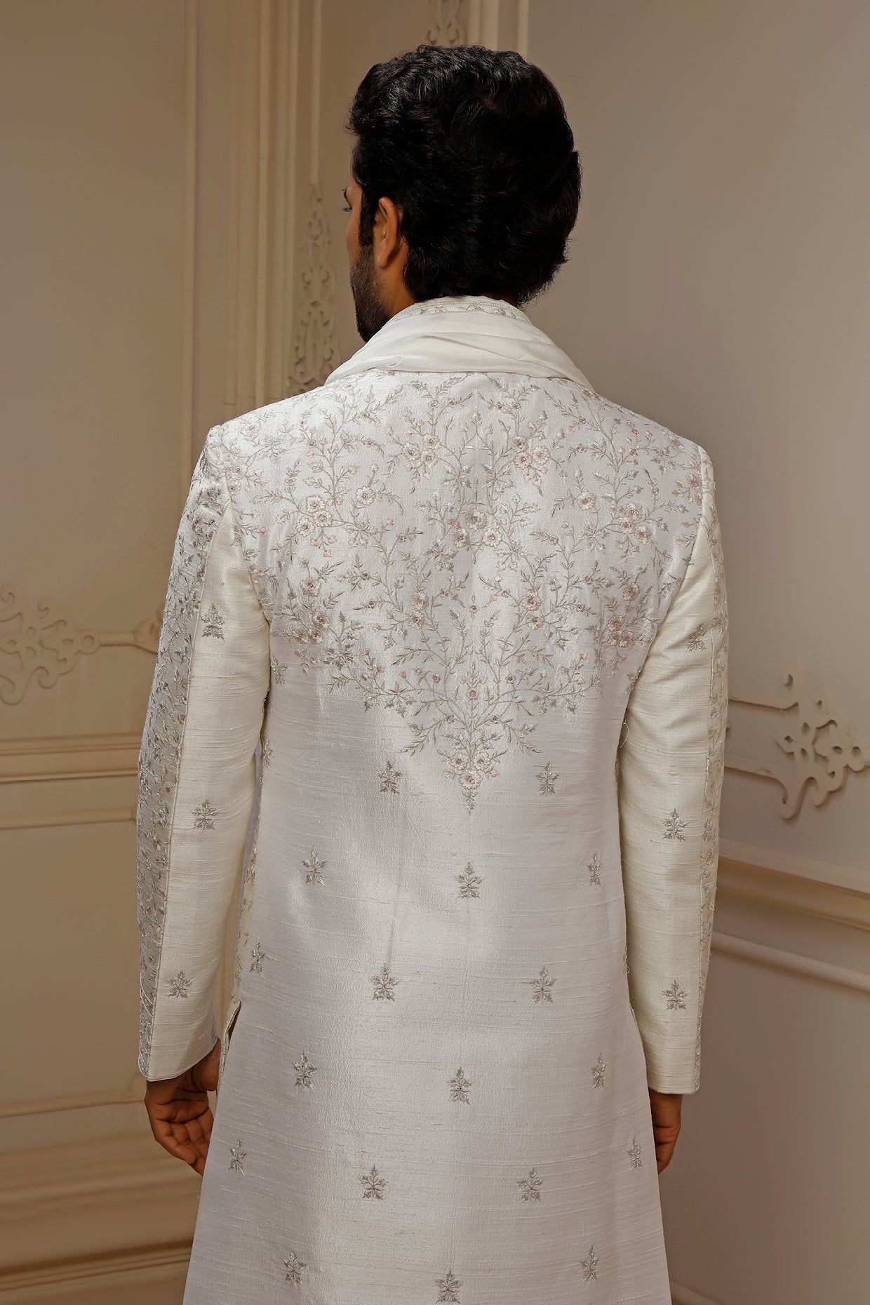 Ivory Dupion Silk Floral Embroidered Sherwani Set