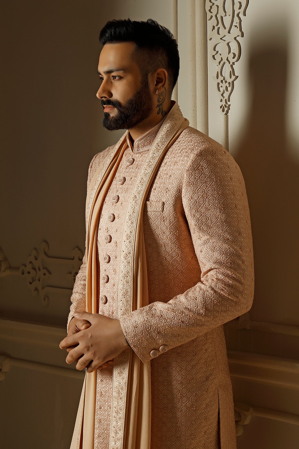 Peach Dupion Silk Sequins Embroidered Sherwani Set