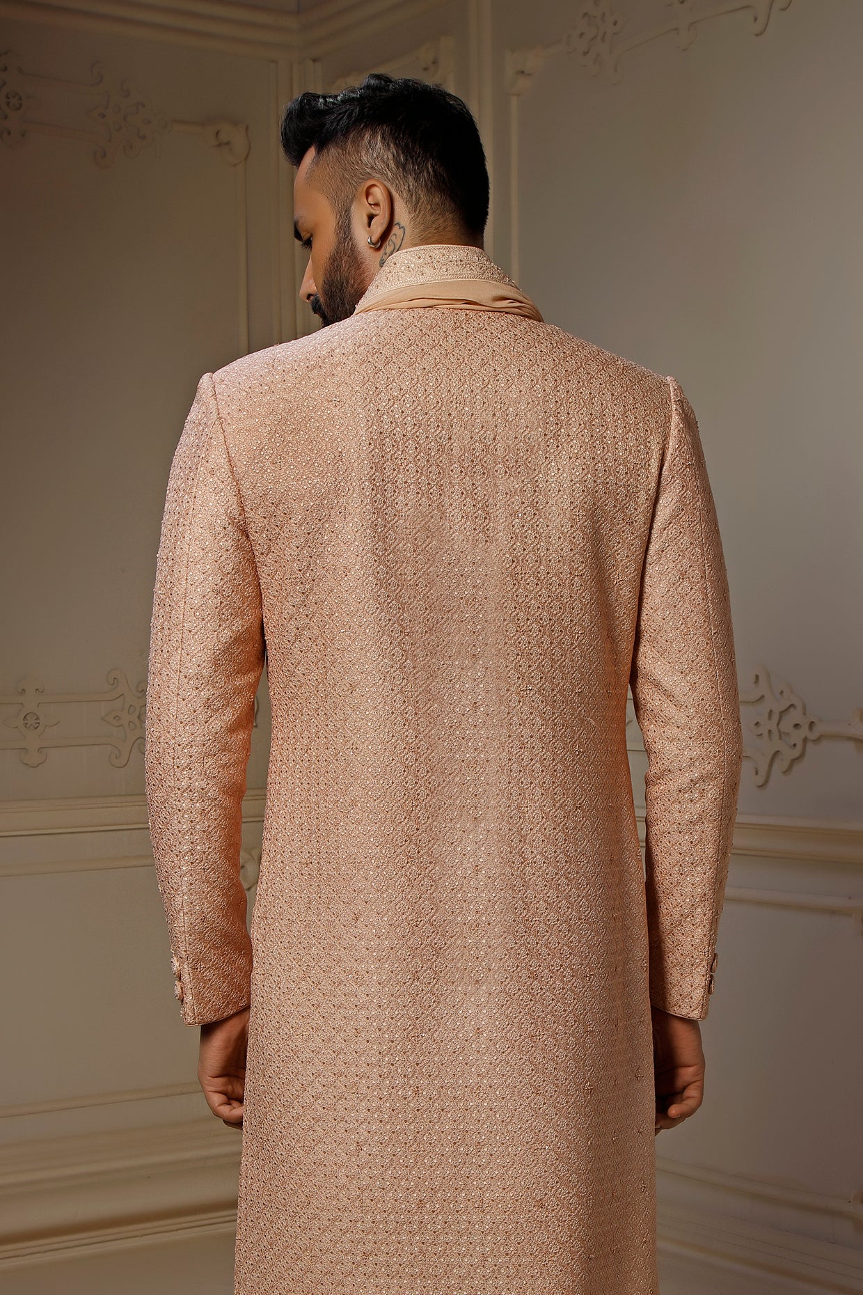Peach Dupion Silk Sequins Embroidered Sherwani Set