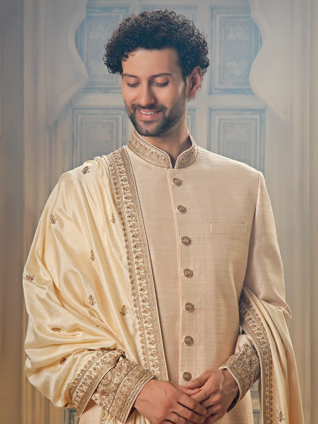 BEIGE SHERWANI WITH TILLA EMBROIDERY
