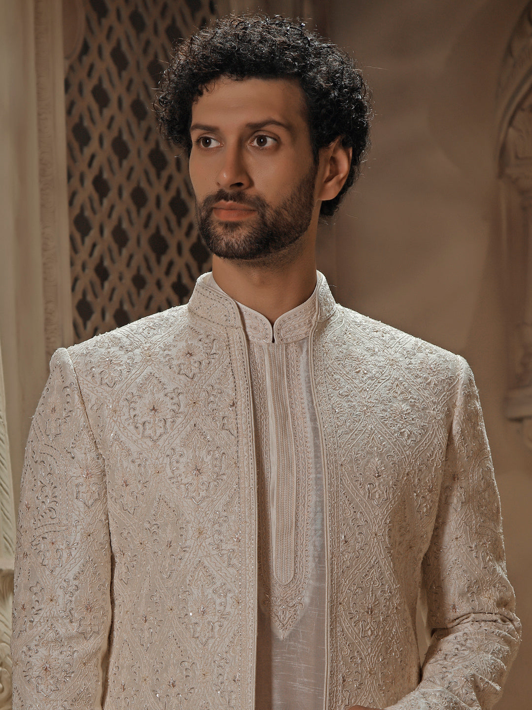 OFFWHITE SHERWANI ALLOVER FINE RESHAM EMBROIDERY