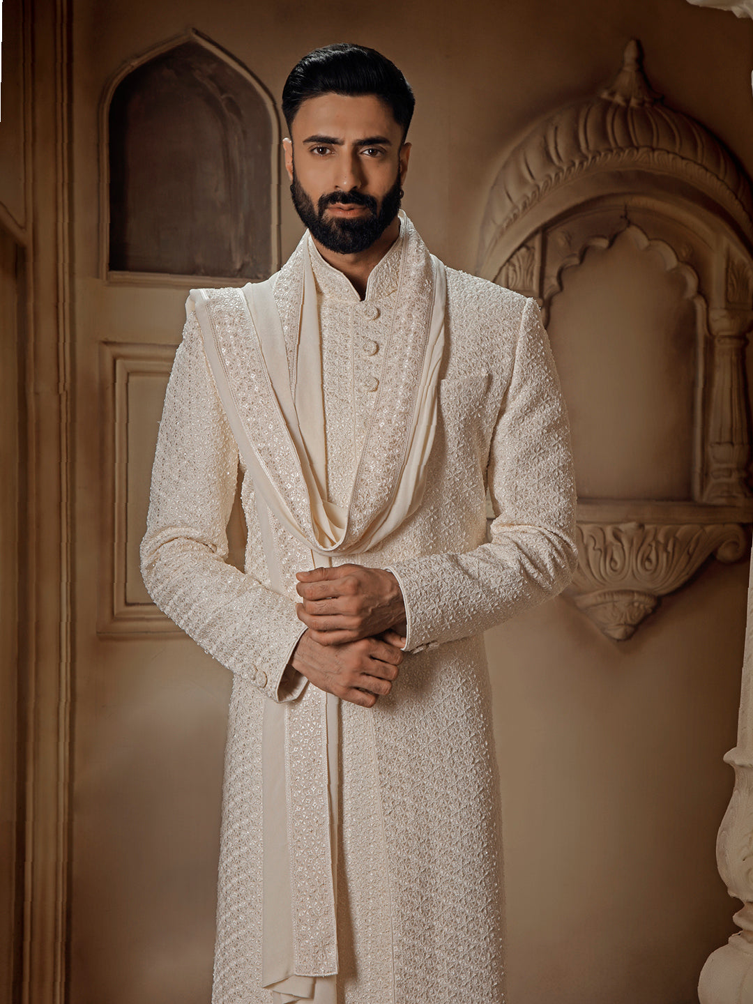 OFFWHITE SHERWANI ALLOVER EMBROIDERY