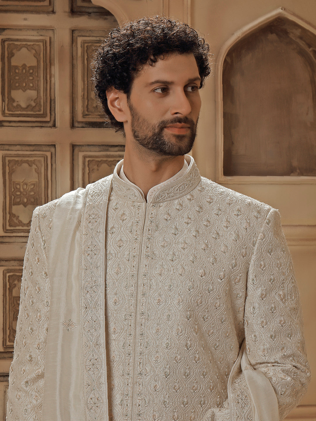OFFWHITE SHERWANI ALLOVER FINE RESHAM EMBROIDERY