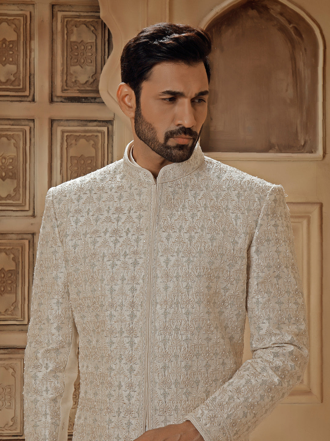 OFFWHITE SHERWANI ALLOVER FINE RESHAM EMBROIDERY
