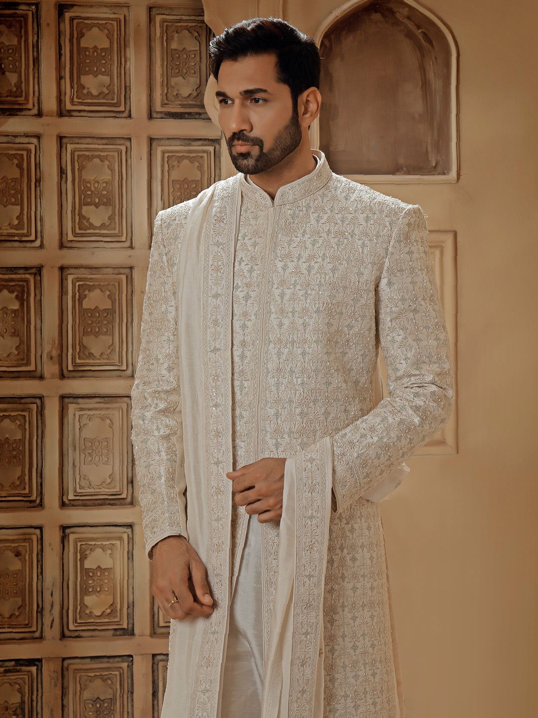 OFFWHITE SHERWANI ALLOVER FINE RESHAM EMBROIDERY