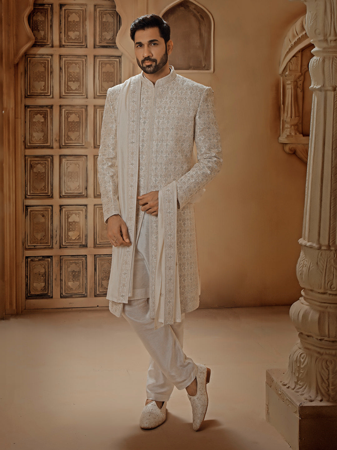OFFWHITE SHERWANI ALLOVER FINE RESHAM EMBROIDERY