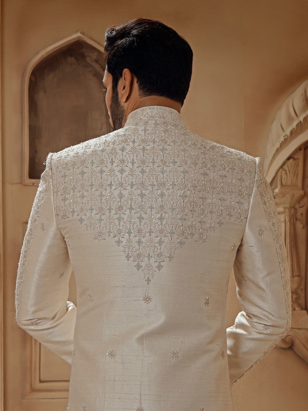 OFFWHITE SHERWANI ALLOVER FINE RESHAM EMBROIDERY