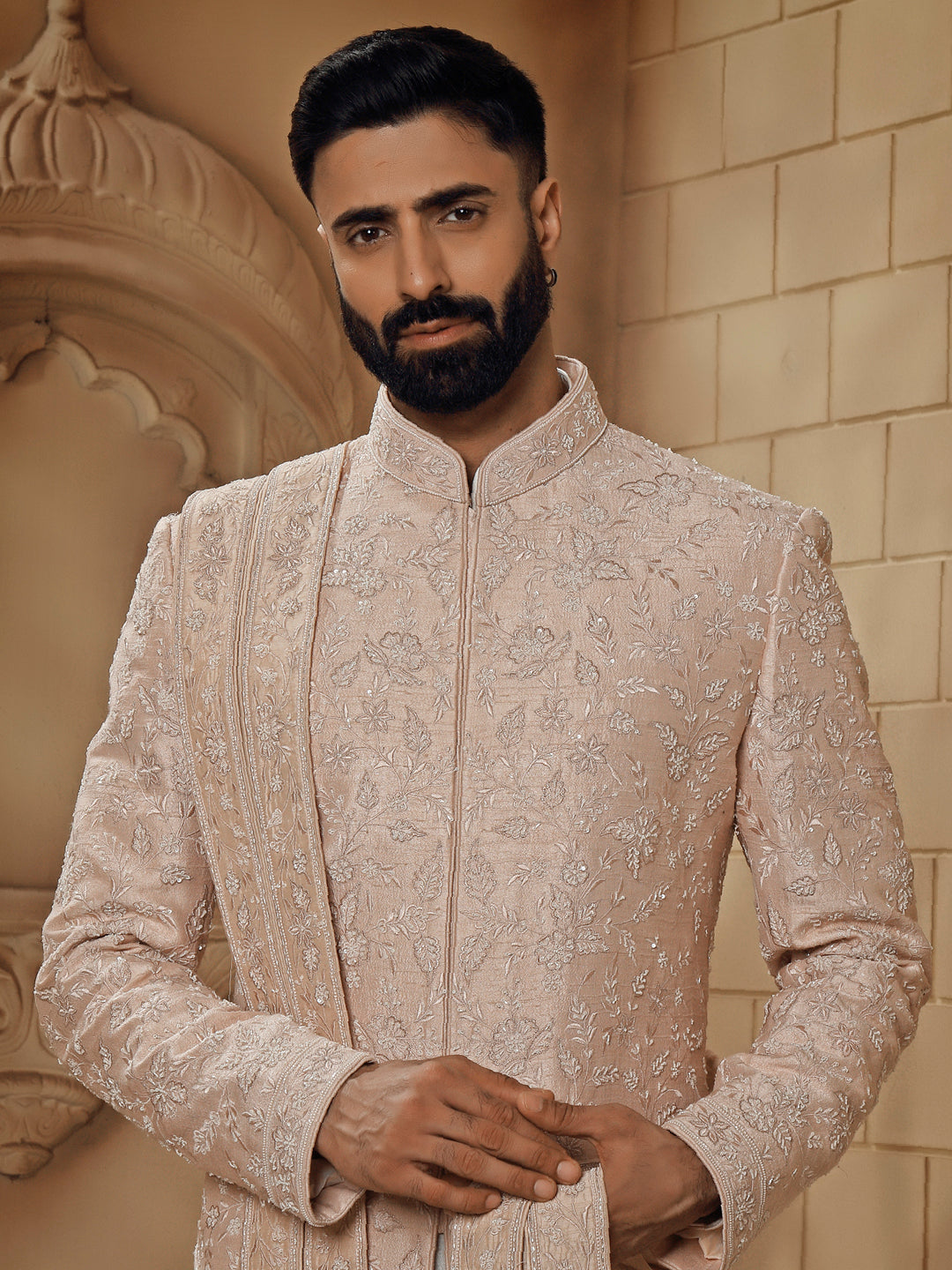 RAWSILK SHERWANI SET WITH ALLOVER EMBROIDERY