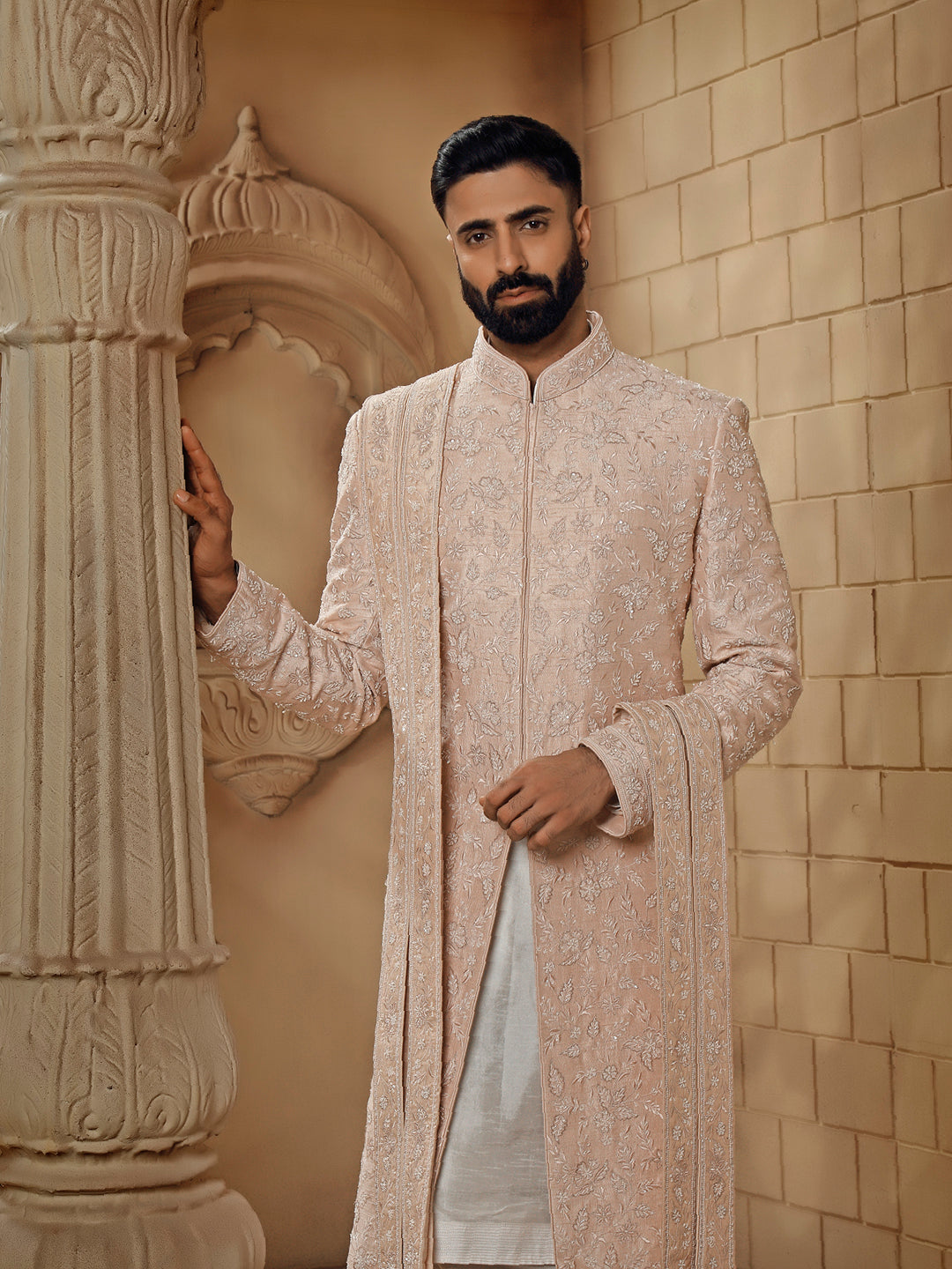RAWSILK SHERWANI SET WITH ALLOVER EMBROIDERY