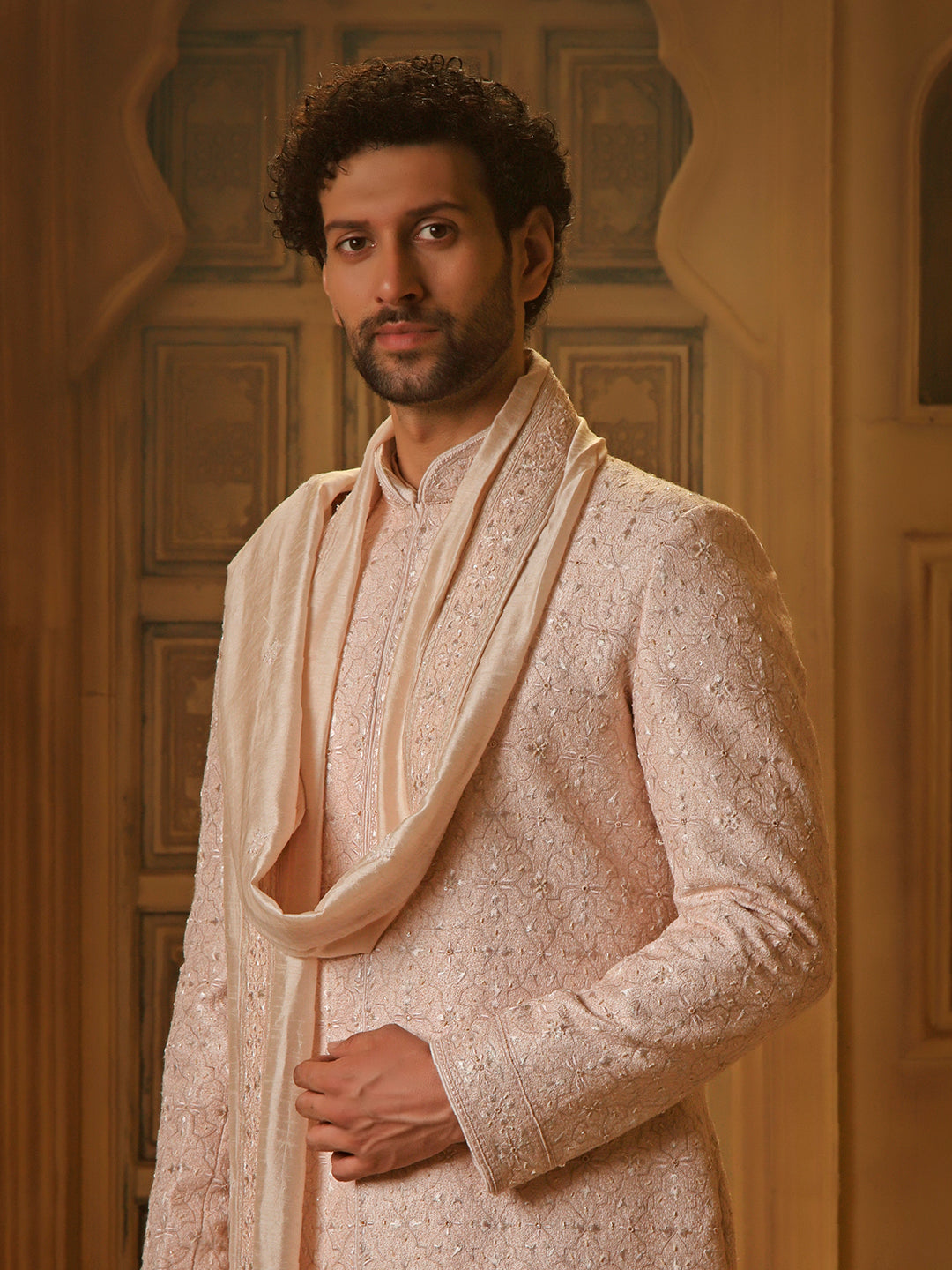 RAWSILK SHERWANI SET WITH ALLOVER EMBROIDERY