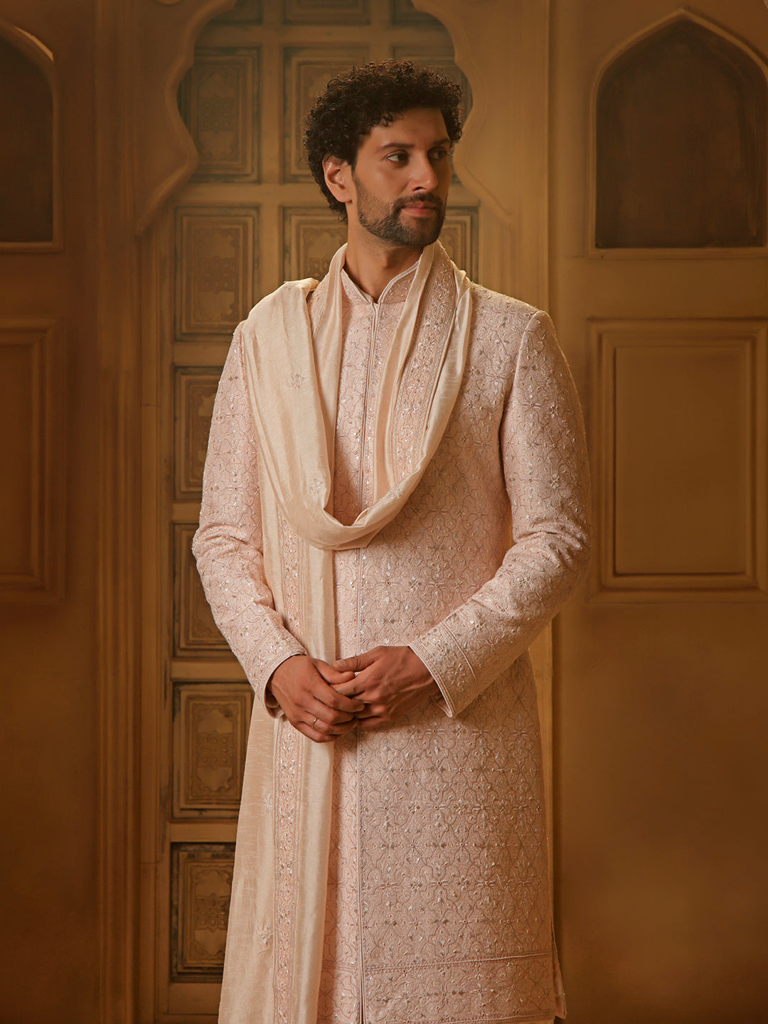 RAWSILK SHERWANI SET WITH ALLOVER EMBROIDERY
