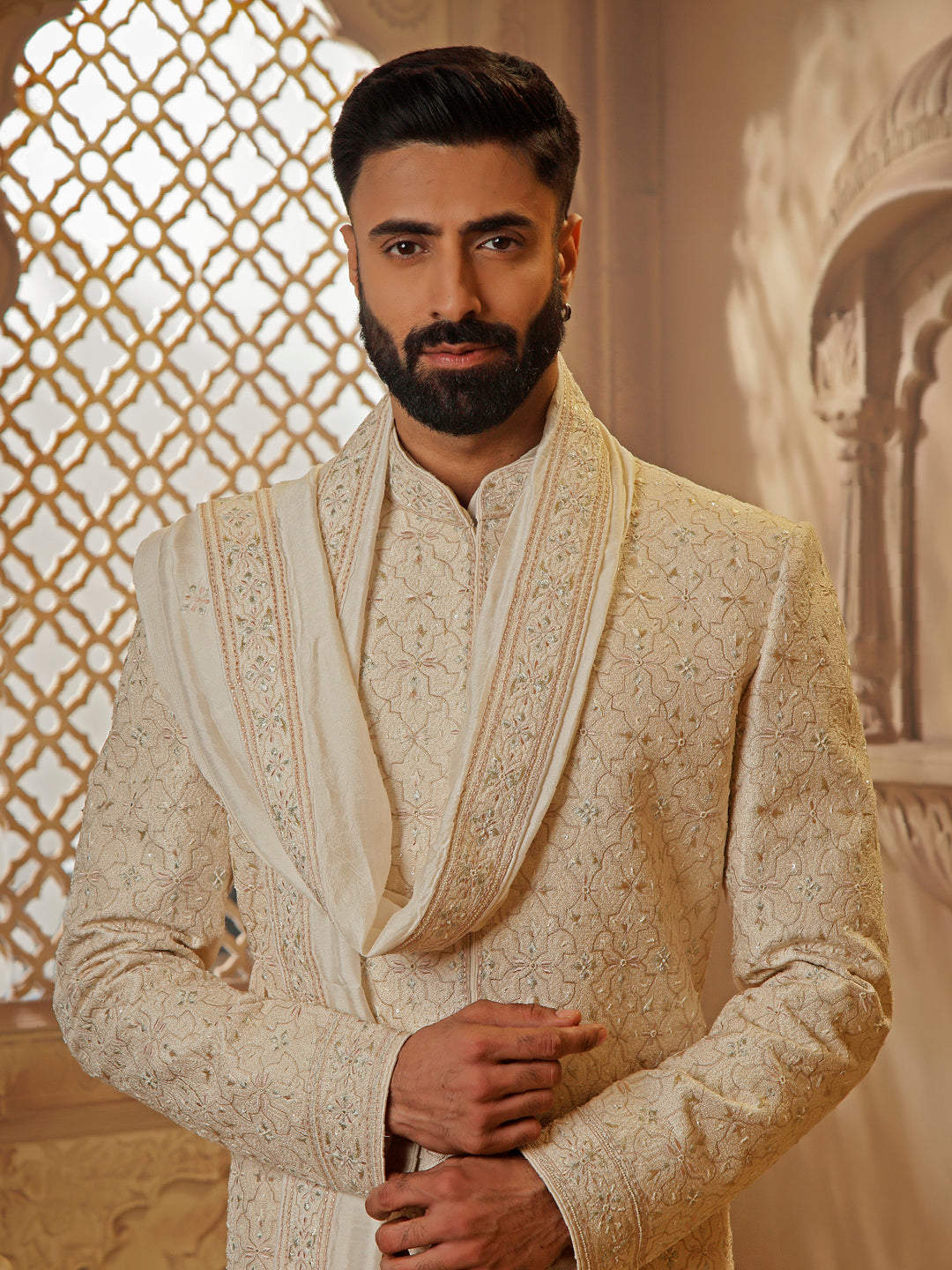 RAWSILK SHERWANI SET WITH ALLOVER EMBROIDERY
