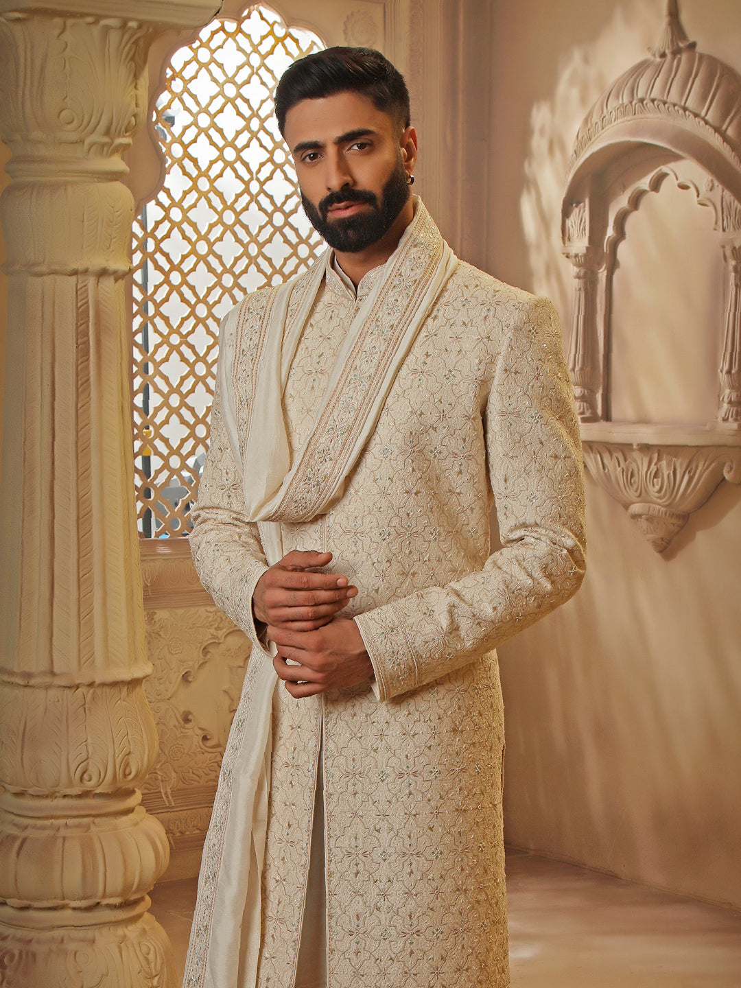 RAWSILK SHERWANI SET WITH ALLOVER EMBROIDERY