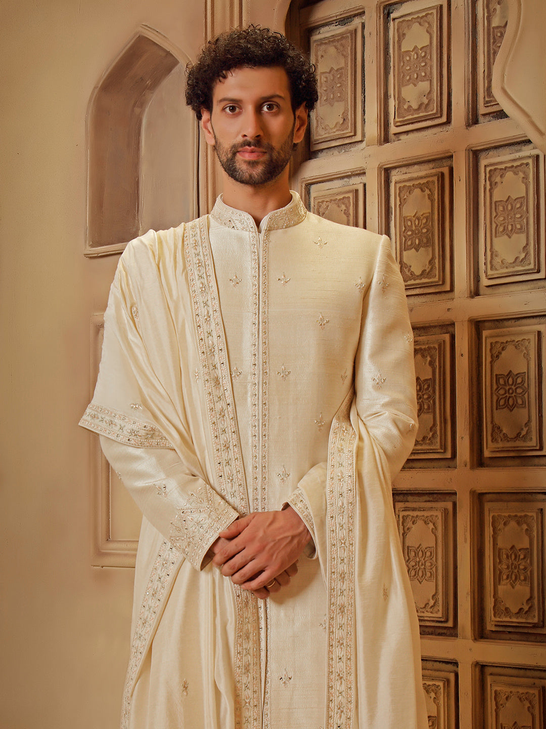 RAWSILK SHERWANI SET WITH MIRRORWORK EMBROIDERY