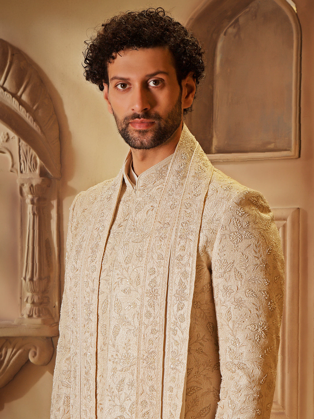 RAWSILK SHERWANI SET WITH ALLOVER EMBROIDERY