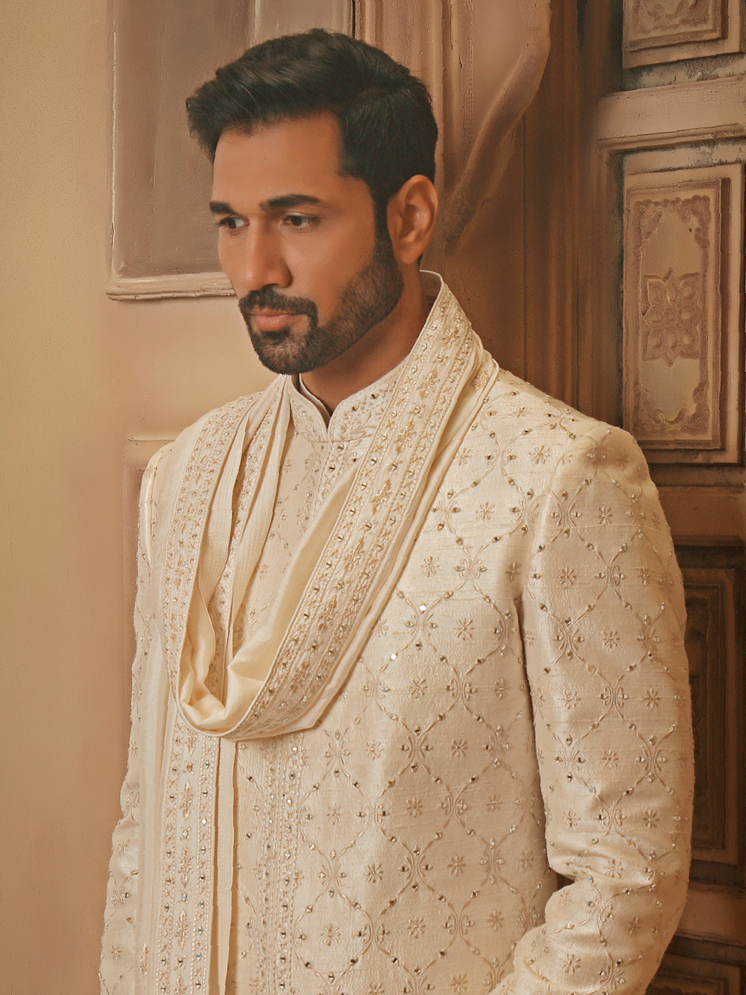 RAWSILK SHERWANI SET WITH MIRRORWORK EMBROIDERY