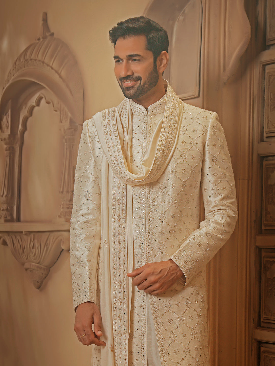 RAWSILK SHERWANI SET WITH MIRRORWORK EMBROIDERY