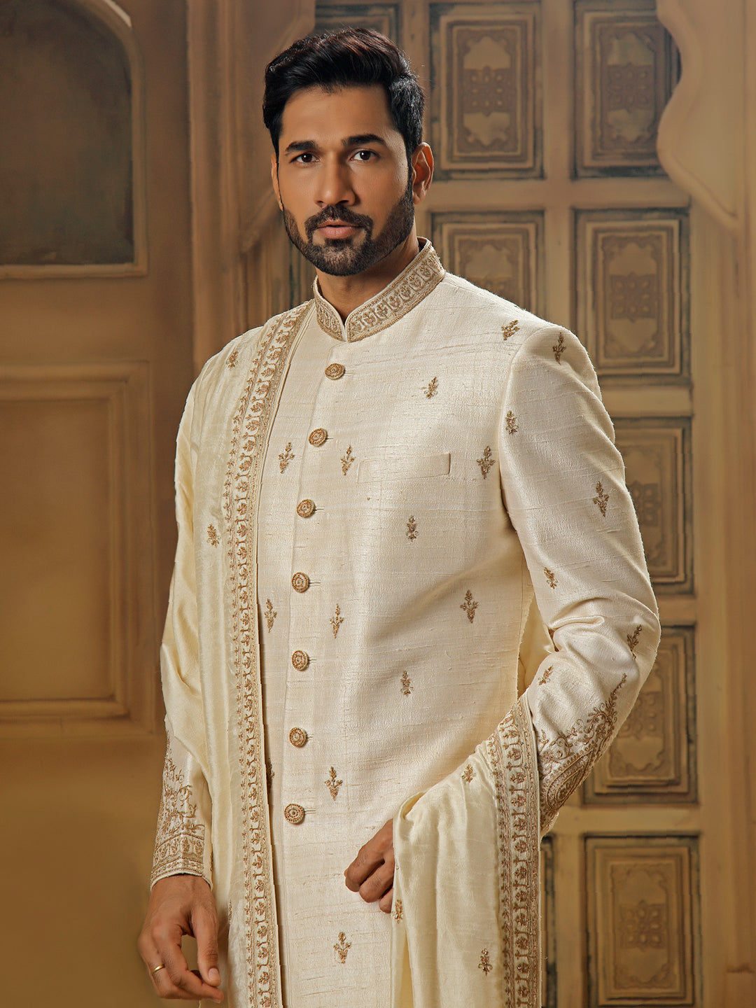 PEARL SHERWANI WITH TILLA EMBROIDERY