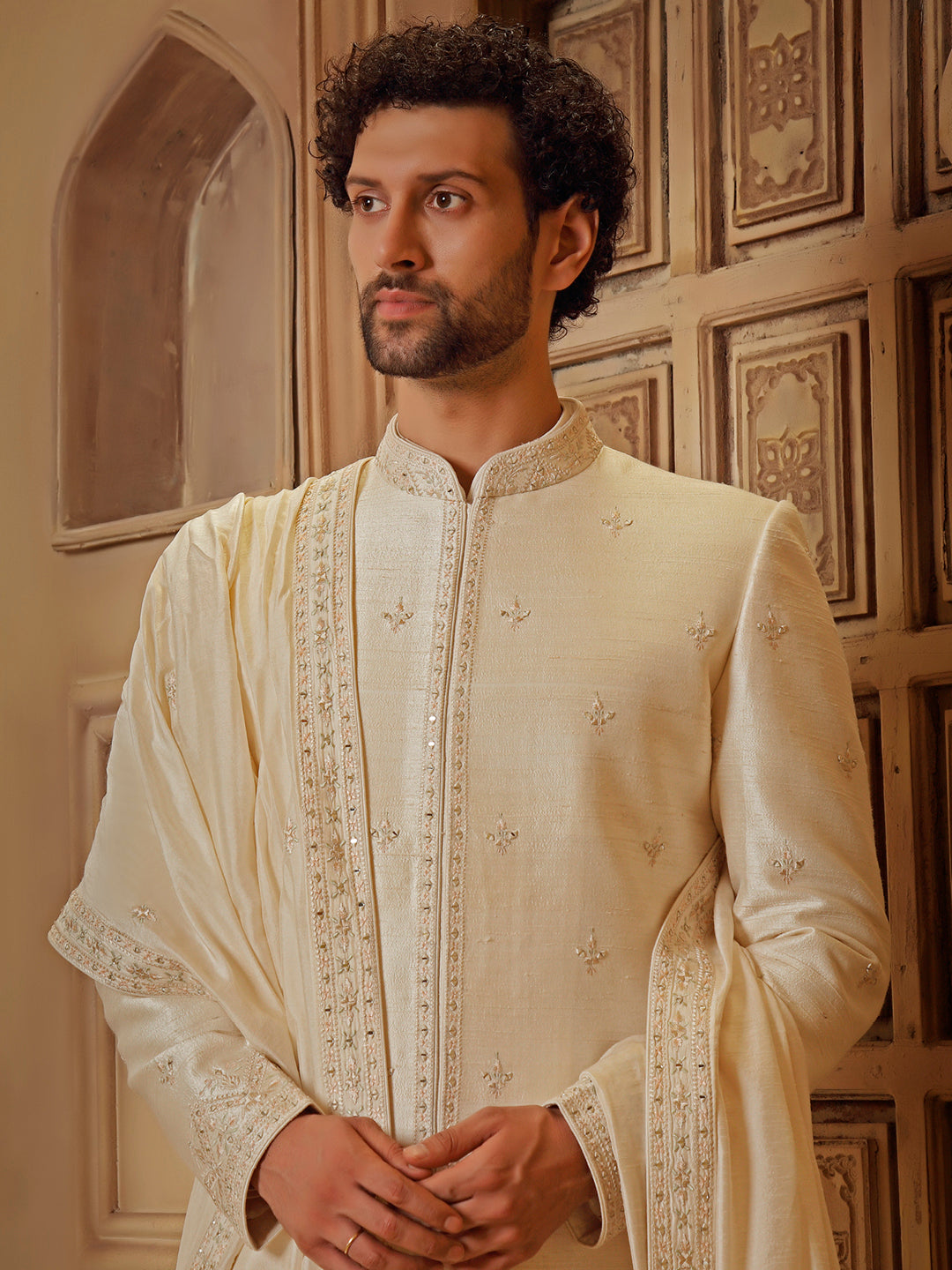 RAWSILK SHERWANI SET WITH MIRRORWORK EMBROIDERY