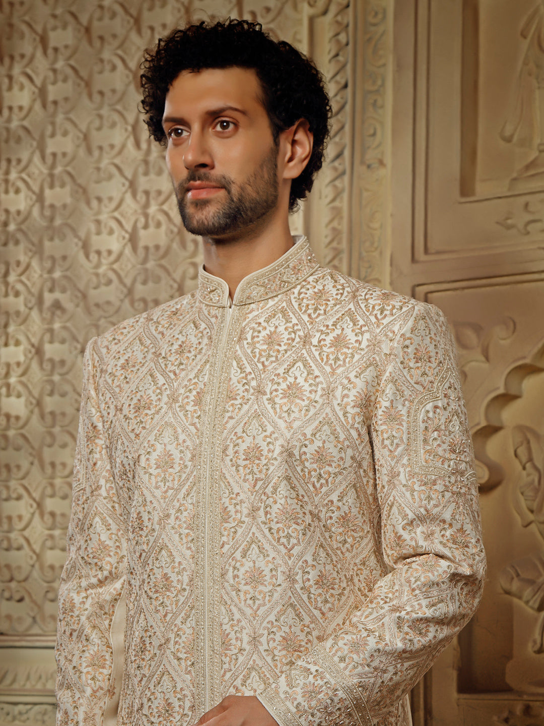 OFFWHITE SHERWANI ALLOVER FINE RESHAM EMBROIDERY