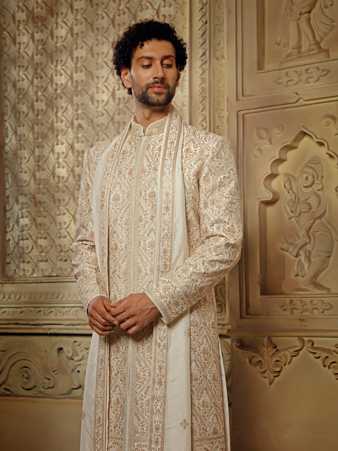 OFFWHITE SHERWANI ALLOVER FINE RESHAM EMBROIDERY
