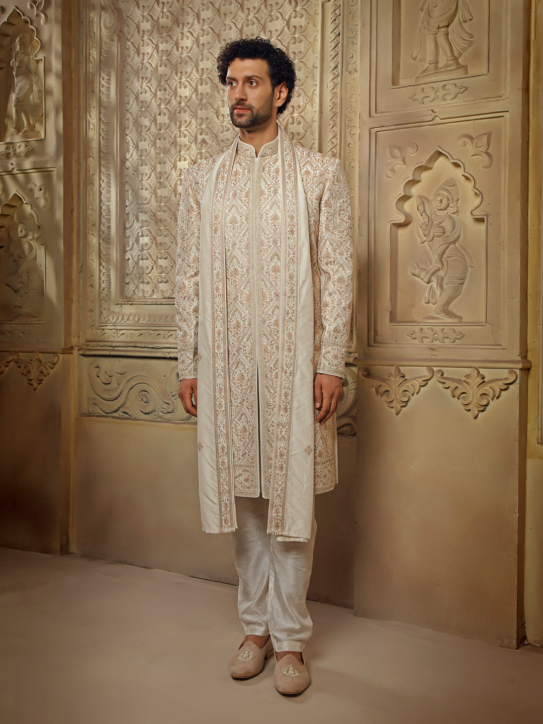 OFFWHITE SHERWANI ALLOVER FINE RESHAM EMBROIDERY