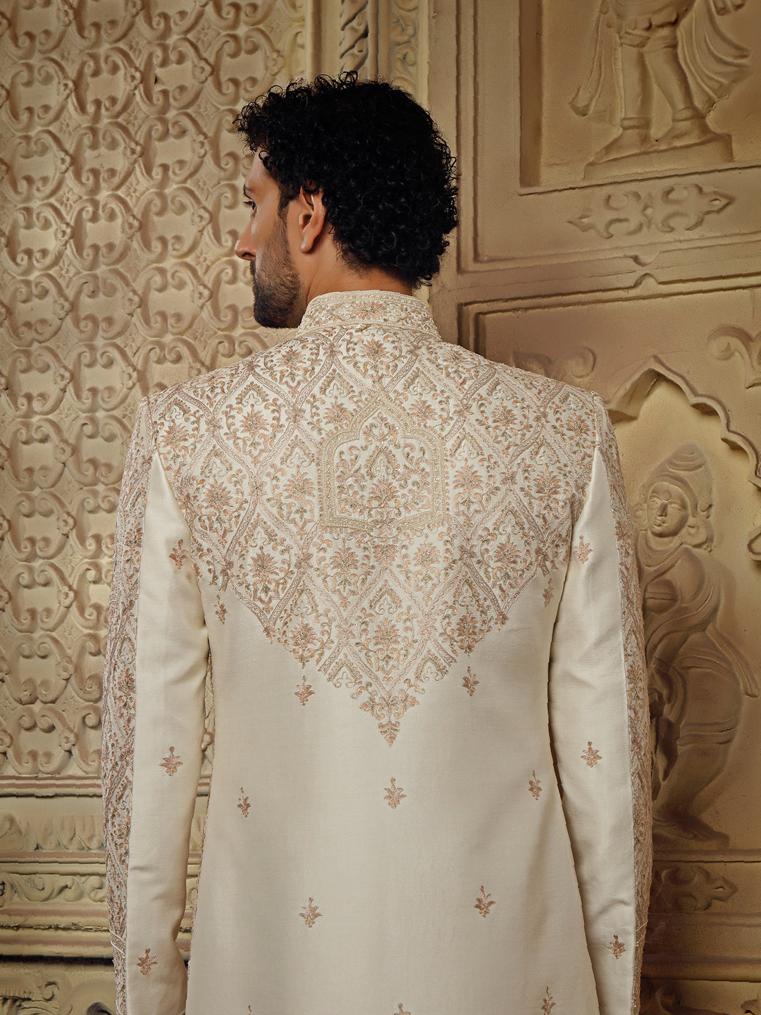 OFFWHITE SHERWANI ALLOVER FINE RESHAM EMBROIDERY