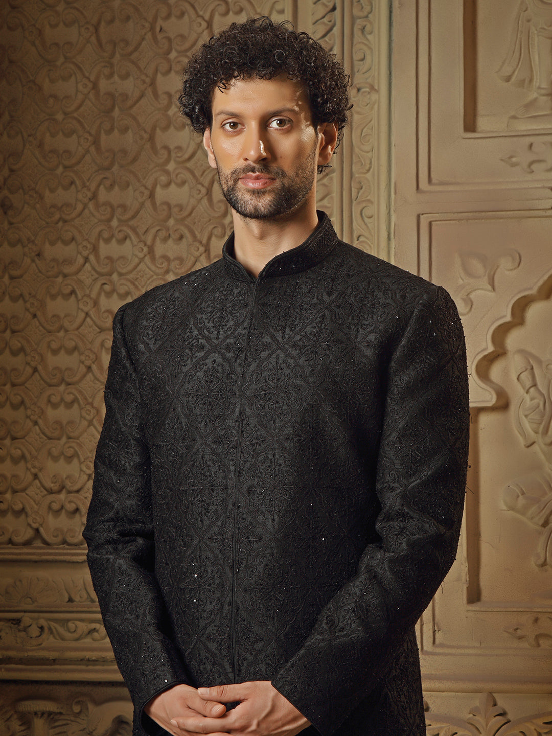 Black Raw Silk Indowestern Set